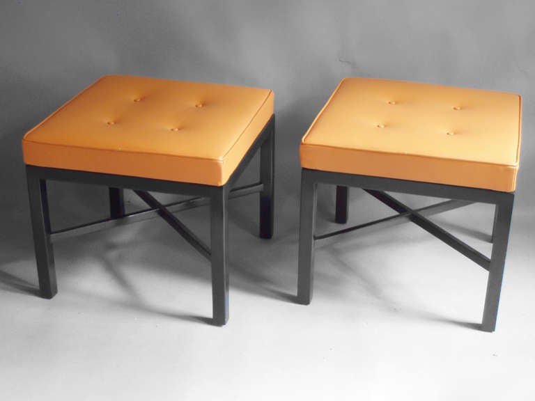 Pair of Hermes Leather Covered Walnut Benches by Edward Wormley