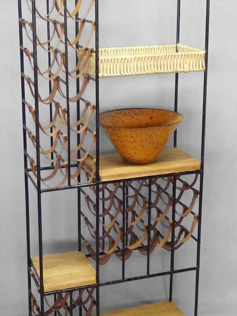 American Wrought Iron Leather with Oak Etagere Wine Rack