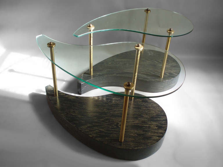 Pair of organic comma form glass top cerused oak base side tables, high style.