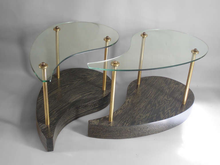 Mid-Century Modern Pair of Organic teardrop Form Glass Top Oak Side Tables