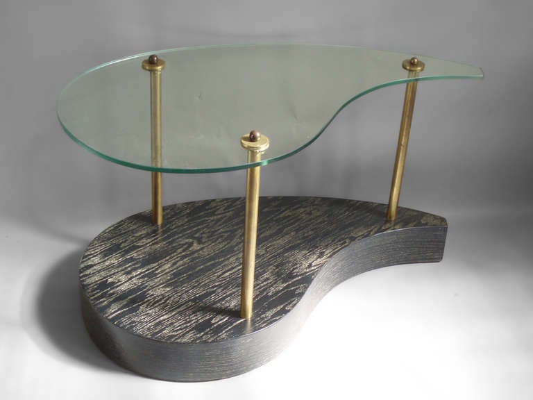 American Pair of Organic teardrop Form Glass Top Oak Side Tables