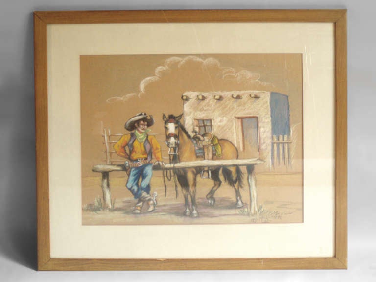 Dibujo al pastel con tema del Oeste Firmado WJ Madcher '42 Estadounidense en venta