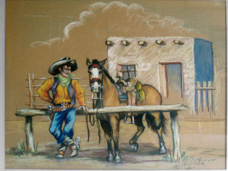 Américain Drawing sur le thème de l'Ouest du Pastel signé WJ Madcher '42 en vente
