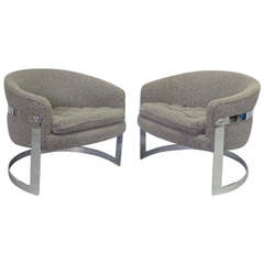 Pair of Chrome Band Milo Baughman Barrel Back Lounge Chairs