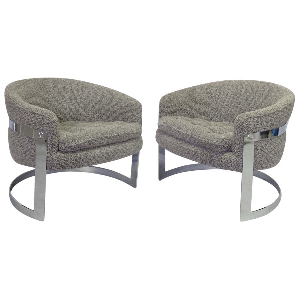 Pair of Chrome Band Milo Baughman Barrel Back Lounge Chairs