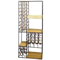 Vintage Wrought Iron Leather with Oak Etagere Wine Rack