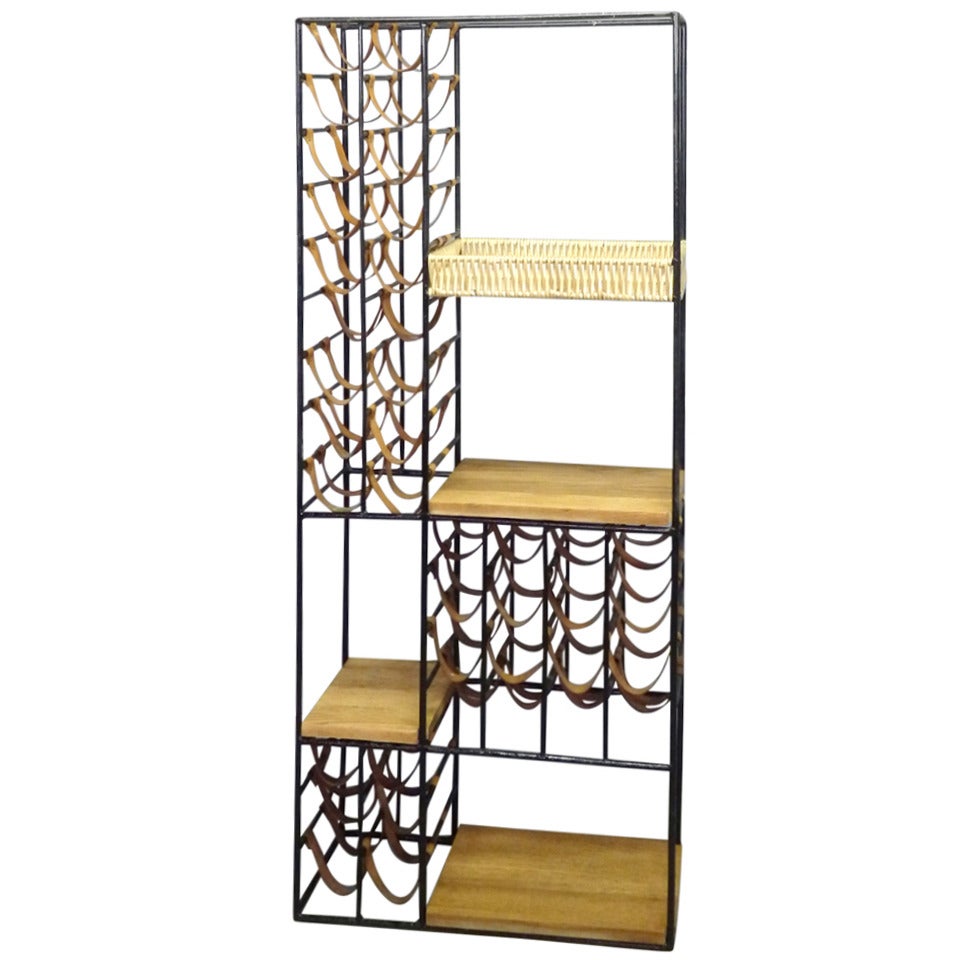 Wrought Iron Leather with Oak Etagere Wine Rack