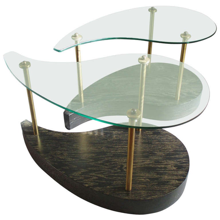 Pair of Organic Form Glass Top Oak Side Tables For Sale at 1stdibs