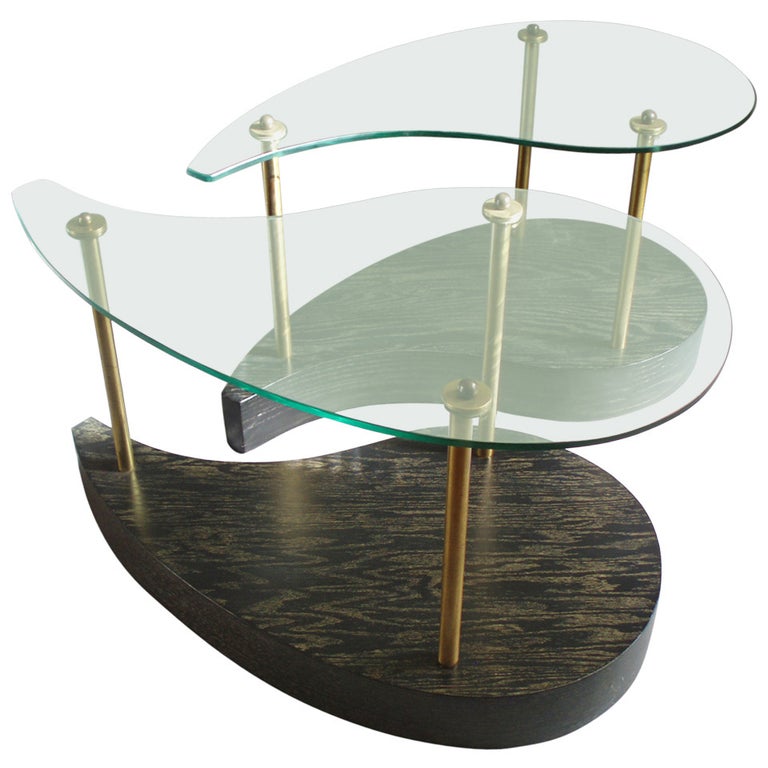 Pair of Organic teardrop Form Glass Top Oak Side Tables For Sale at 1stDibs