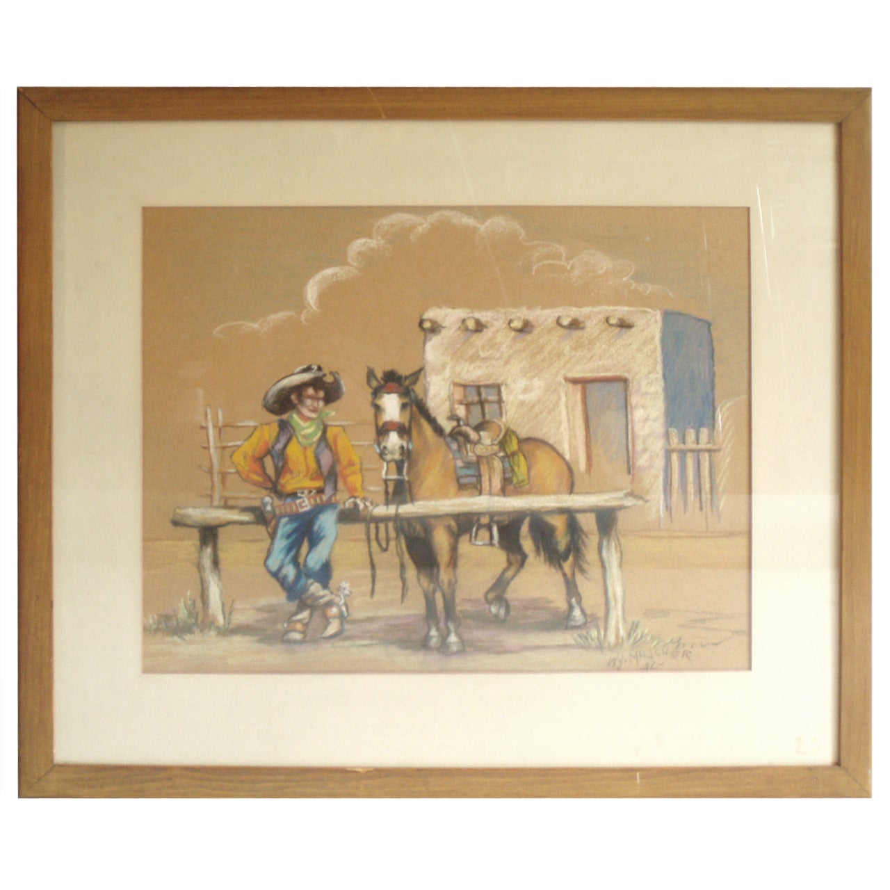 Western Theme Pastel Drawing Signed WJ Madcher '42 For Sale