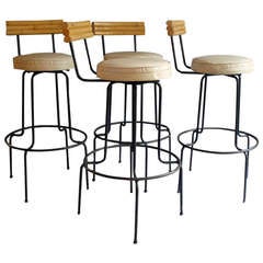 Four Wrought Iron Frame Bamboo with Upholstered Seat Bar Stools 9