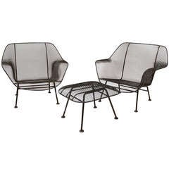 Pair Wrought Iron Frame Mesh Chairs with Ottoman by Russel Lee Woodard Co.