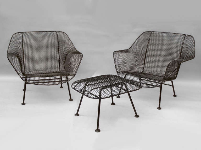 Pair Wrought Iron Frame Mesh Chairs with Ottoman by Russel Lee Woodard Co.