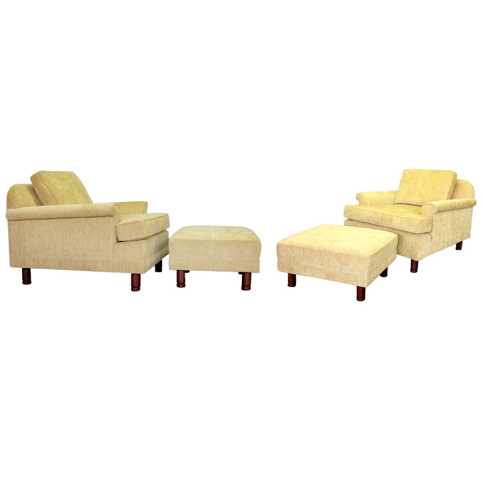 Pair of Deep Low Lounge Chairs with Ottomans by Selig