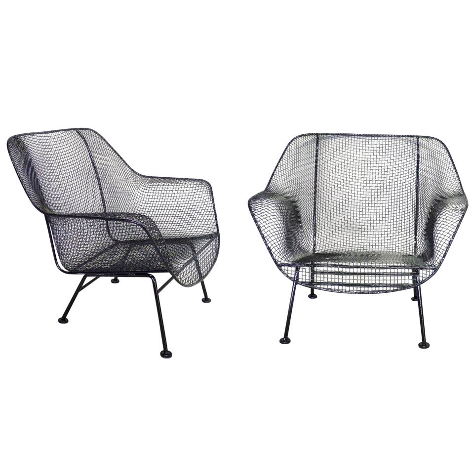 Pair of Woodard Wrought Iron with Steel Mesh Lounge Chairs