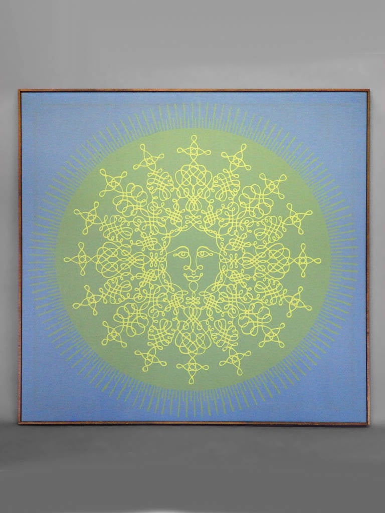 Large Silkscreen of Happy Sun on Canvas by Tom Tru of Lambertville N.J. . Yellow and  green on blue field are accurate colors . 