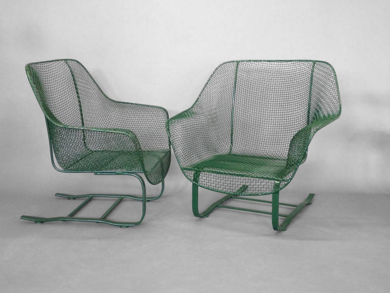 American Pair of Wrought Iron with Wire Mesh Woodard Cantilever Chairs