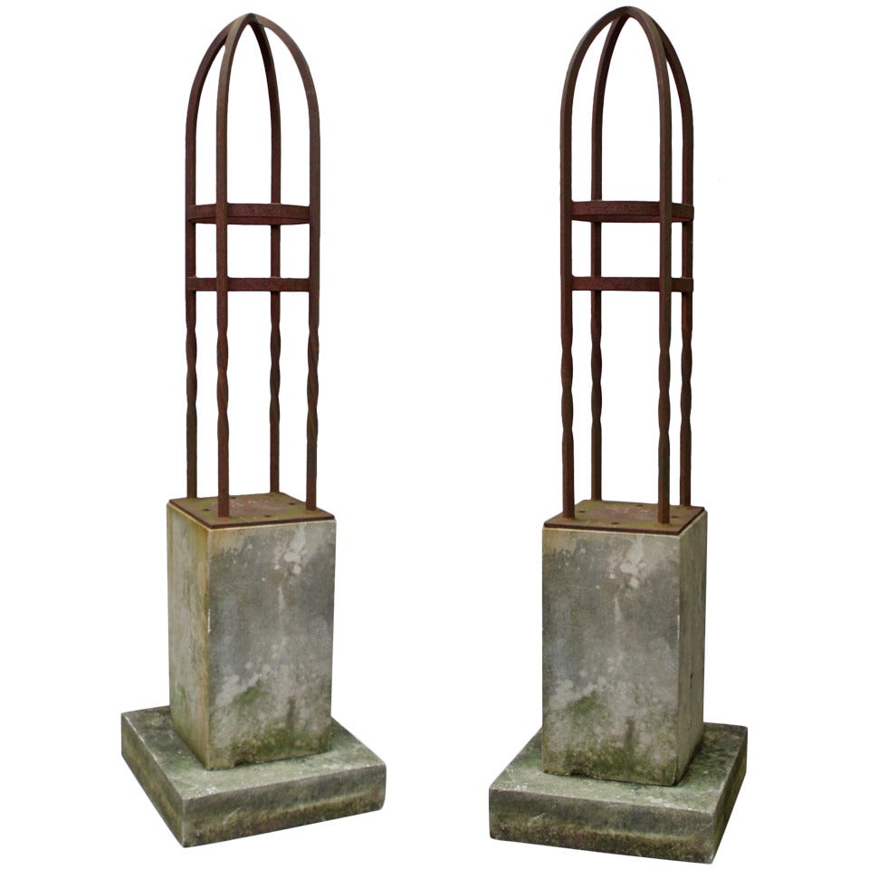 Pair of Wrought Iron Garden Finial Sculptures on Limestone Base
