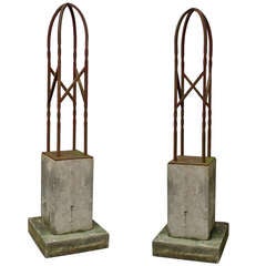 Pair of Wrought Iron Garden Finial Sculptures on Limestone Base