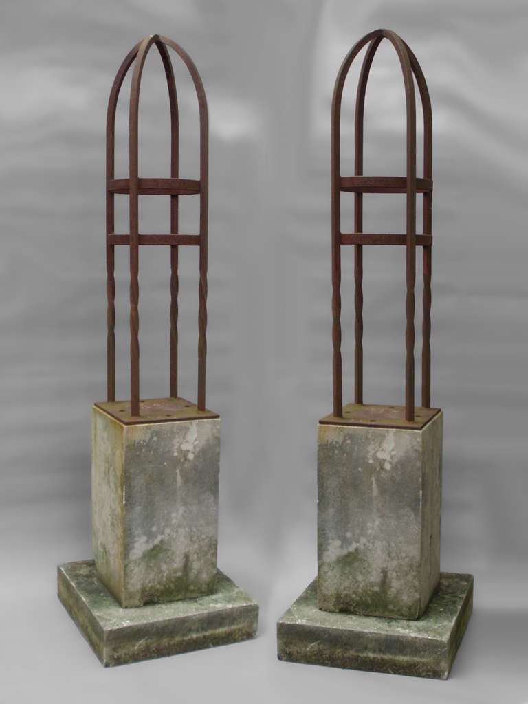 Pair of Wrought Iron Garden Finial Sculptures on Limestone Base by an Unknown Detroit Area Studio.
Base Pad: 16