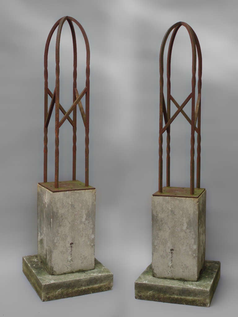 Pair of Wrought Iron Garden Finial Sculptures on Limestone Base by an Unknown Detroit Area Studio.
Base Pad: 16