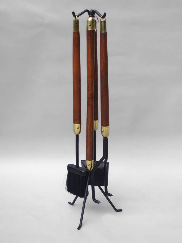 American Wrought Iron with Wood Handle Fire Tools In the Style of George Nelson