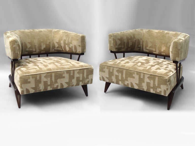 Pair of mohair covered mahogany moderne lounge chairs
in the style of Billy Haines.