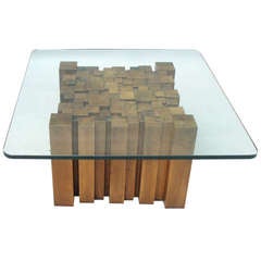 Stacked Wood Glass Top Coffee Table In the Style of Paul Evans