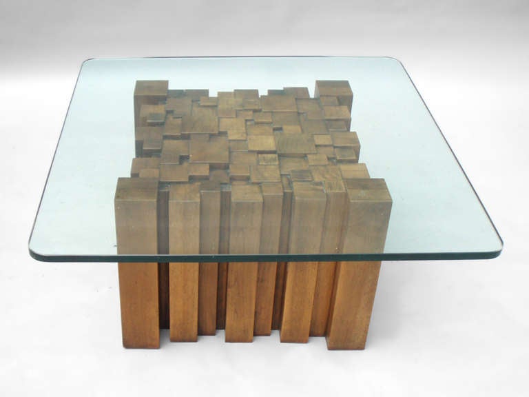 Stacked Wood Glass Top Coffee Table In the Style of Paul Evans for Directional.
22.5