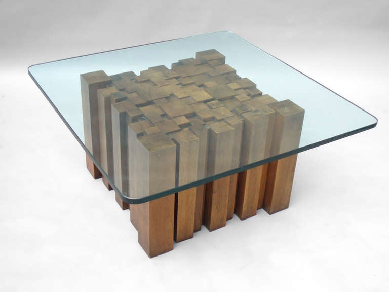 American Stacked Wood Glass Top Coffee Table In the Style of Paul Evans