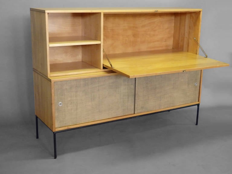Paul McCobb Blonde Maple Drop Front Desk on Wrought Iron Base Cabinet