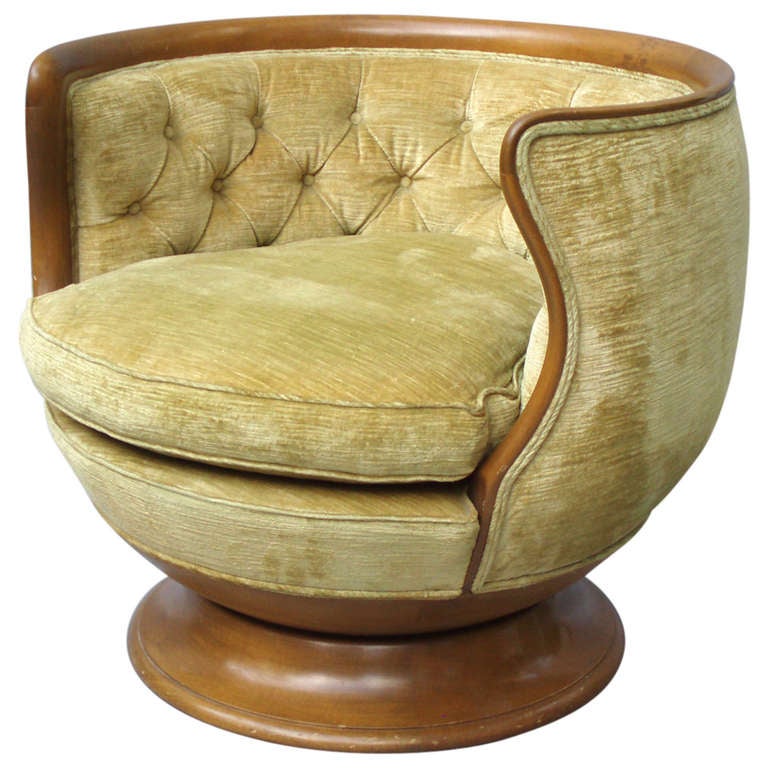 Walnut Trim Button Tufted Swivel Barrel Chair at 1stDibs