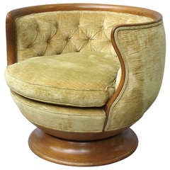 Walnut Trim Button Tufted Swivel Barrel Chair