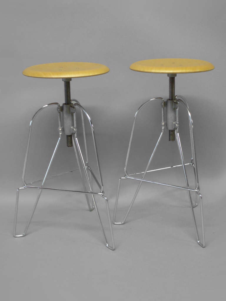 Mid-Century Modern Pair of Industrial Chic Steel and Wood Adjustable Bar Stools