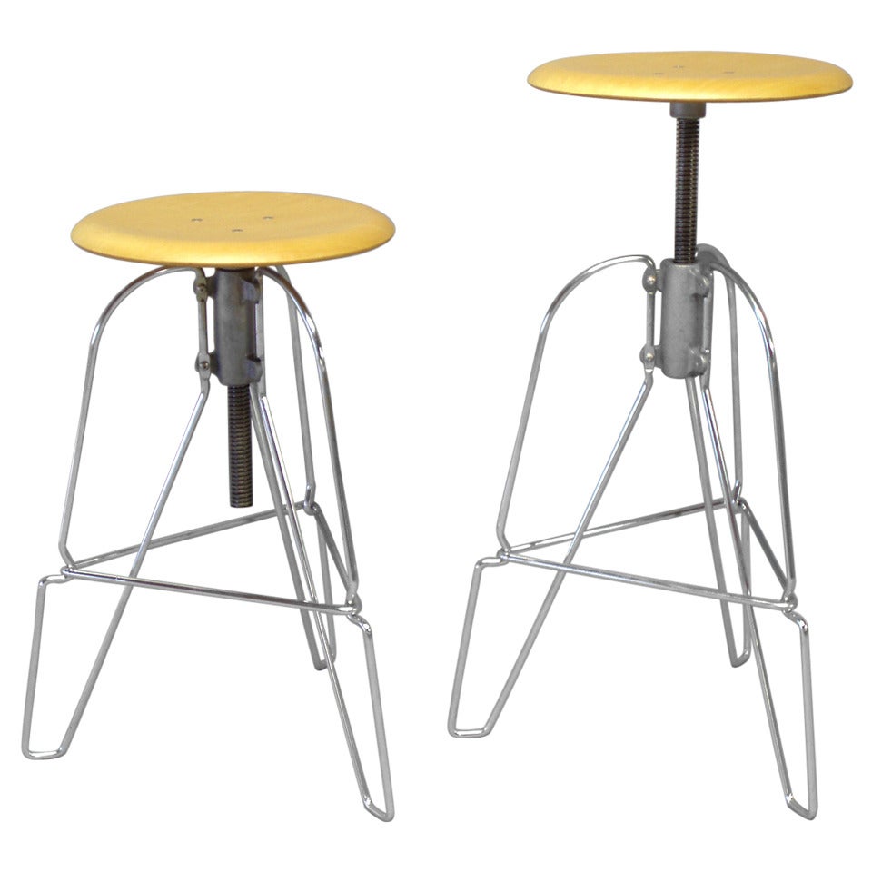 Pair of Industrial Chic Steel and Wood Adjustable Bar Stools