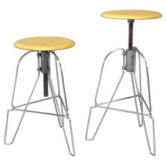 Pair of Industrial Chic Steel and Wood Adjustable Bar Stools