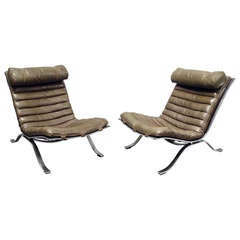 Vintage Pair of Stainless Steel with Leather Ari Lounge Chairs by Arne Norell