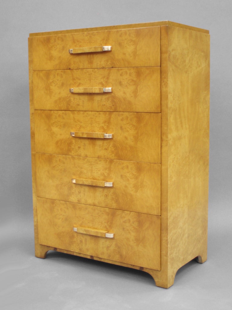 American Art Deco moderne burl wood chest of drawers attributed to Donald Deskey for Widdicomb Furniture (label intact).