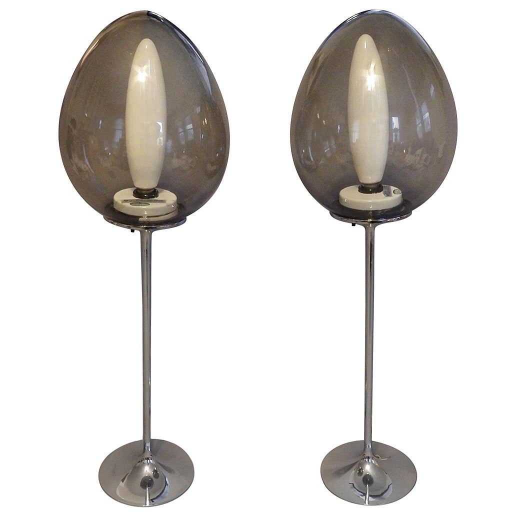 Pair of Chrome Base Stemlite Mushroom Lamps with Original Tapio Wirkkala Bulbs For Sale