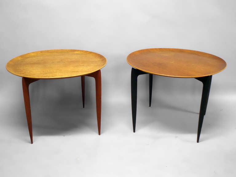 Assembled Pair knock down teak occasional tables by Svend Aage Willumsen & H. Engholm for Fritz Hansen.  One having ebonized base, the second in natural teak.

$600.00 each table