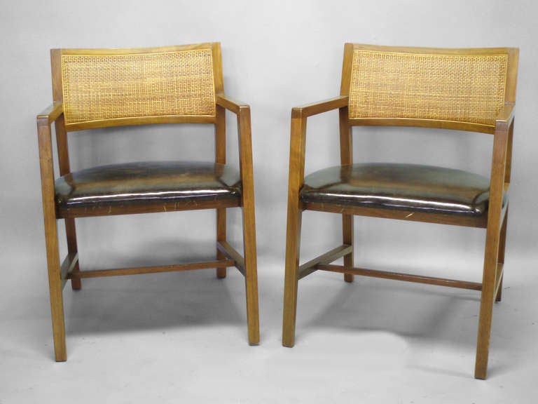 Set of Four Walnut Frame Leather Seat Cane Back Chairs by Edward