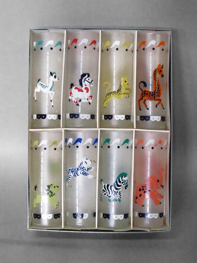 Set of eight carousel theme zombie cocktail glasses. Manufactured by Libbey in original box.