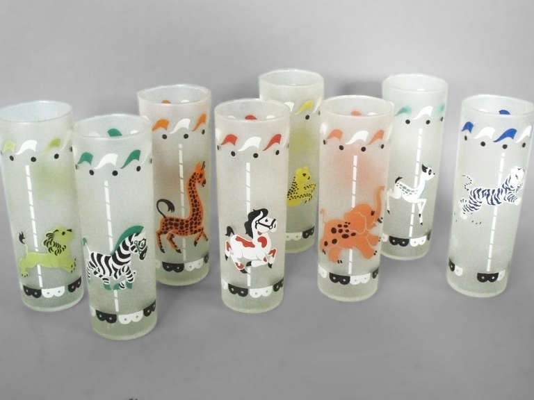 Mid-Century Modern Set of Eight Carousel Theme Zombie Cocktail Glasses For Sale