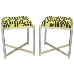 Pair of Brass with Steel Upholstered Stools by the Weiman Co 10