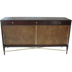 Mahogany Brass Sliding Door Credenza by Paul McCobb