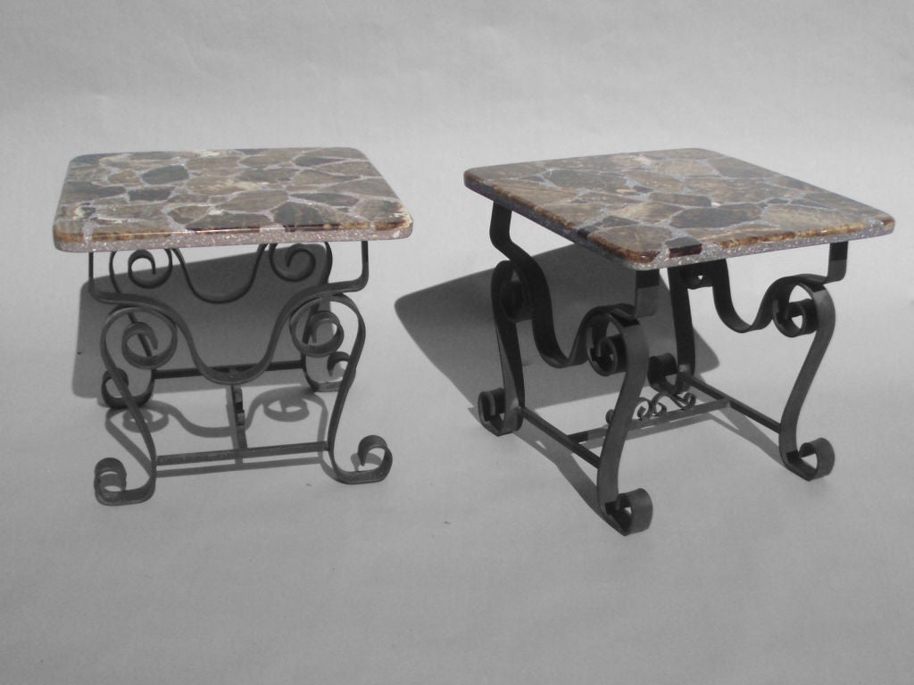 Pair Specimen Stone in Travertine on Wrought Iron Base Tables