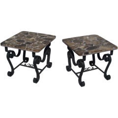 Pair Specimen Stone in Travertine on Wrought Iron Base Tables