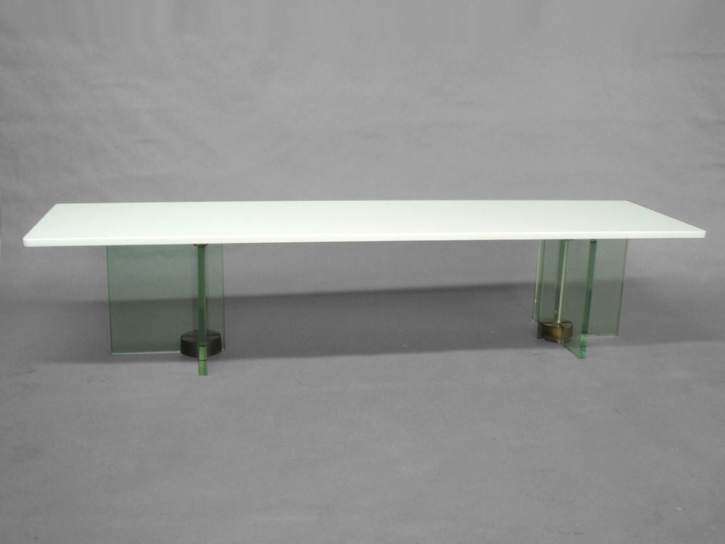 White Vitrolite Glass Top on Cruciform Glass Base Cocktail Table