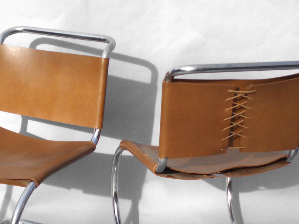 Pair of Stainless Tube with Leather MR Chairs by Ludwig Mies van der Rohe for Knoll
