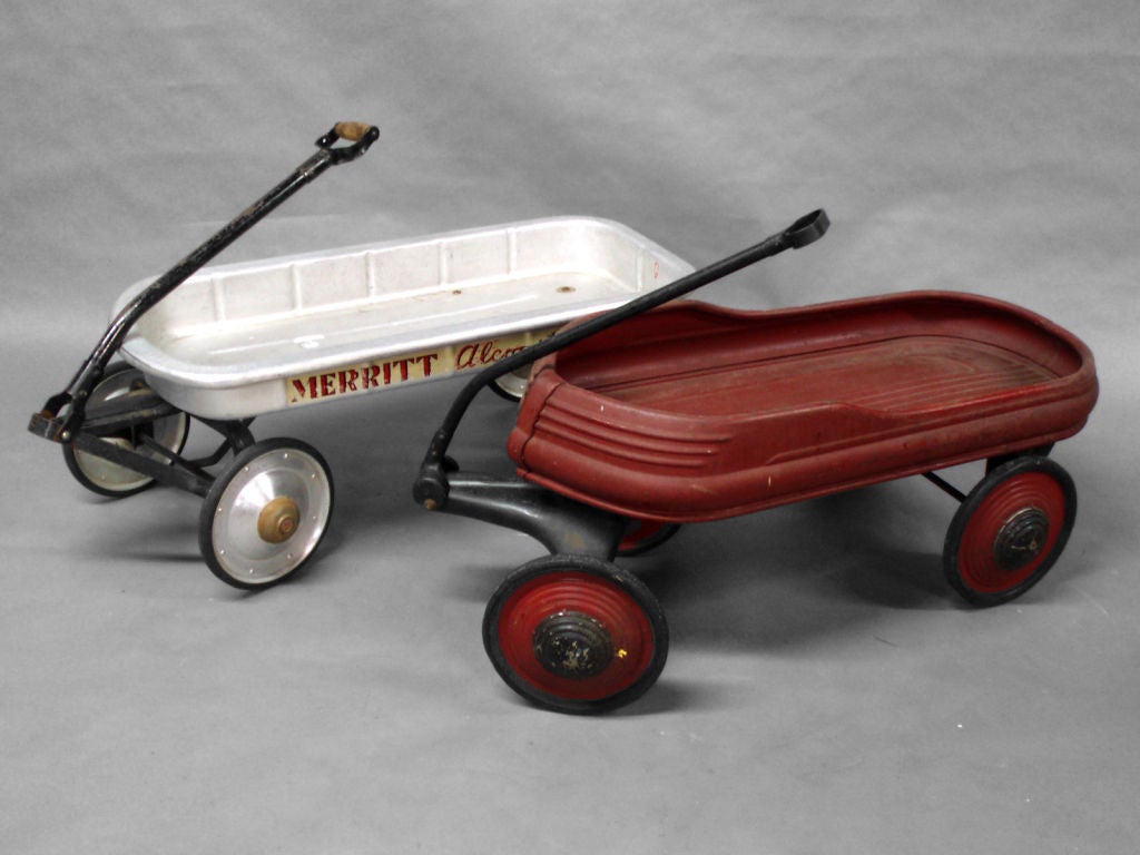 Pair of Children's Pull Wagons One by Viktor Schrekengost for Steelcraft Murray Second a Merritt Alcoaster Aluminum